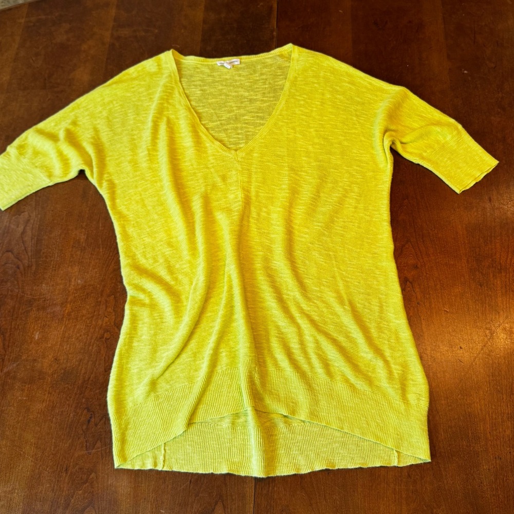 Eileen Fisher Sweater Womens Med Lime Green Linen Cotton V-Neck Slub Knit Tunic